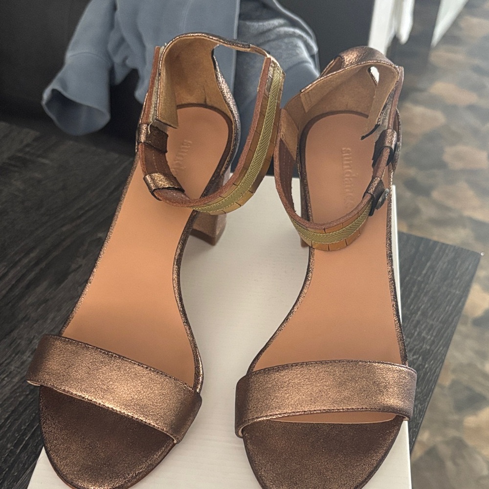 Sundance Shimmering Bronze Ankle Strap Heels